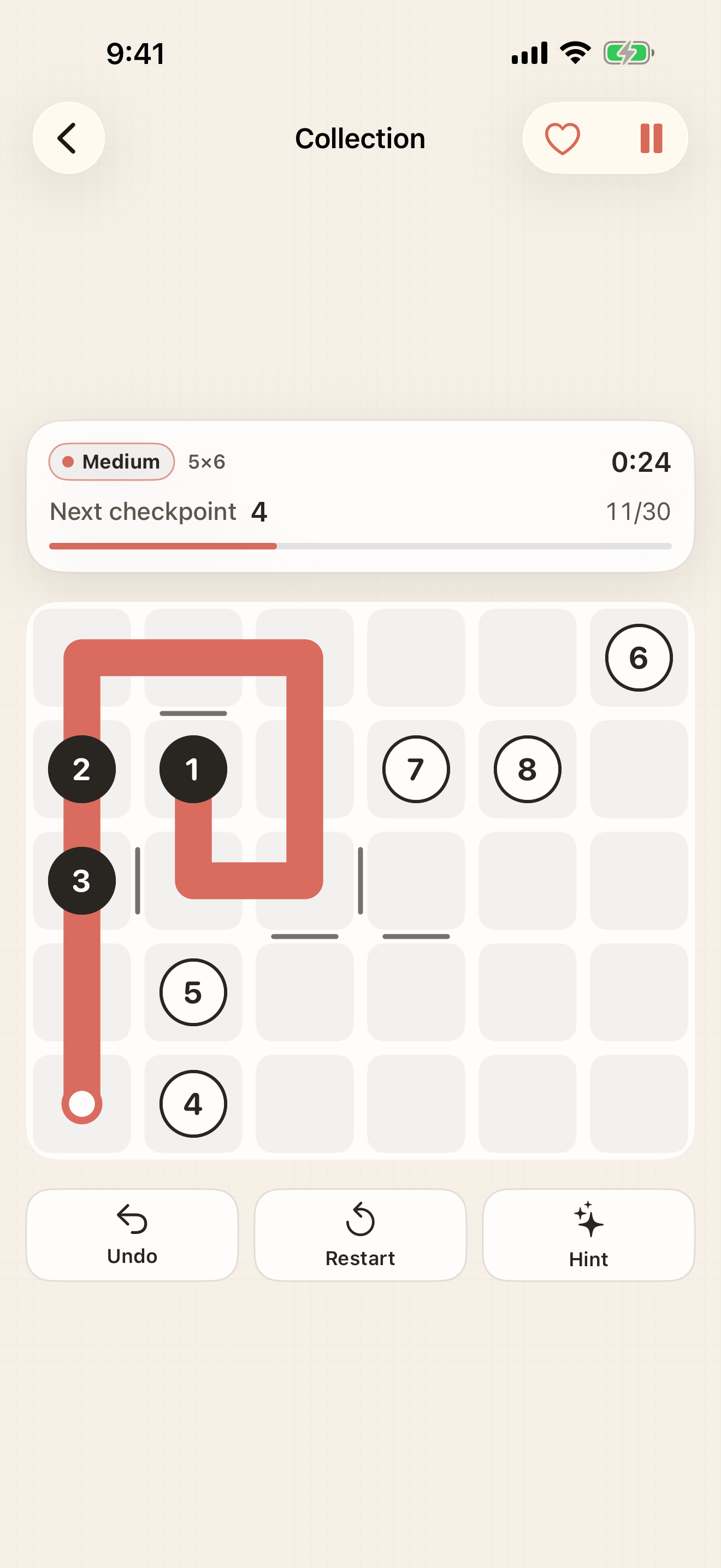 Number Paths gameplay with a continuous route through numbered checkpoints.