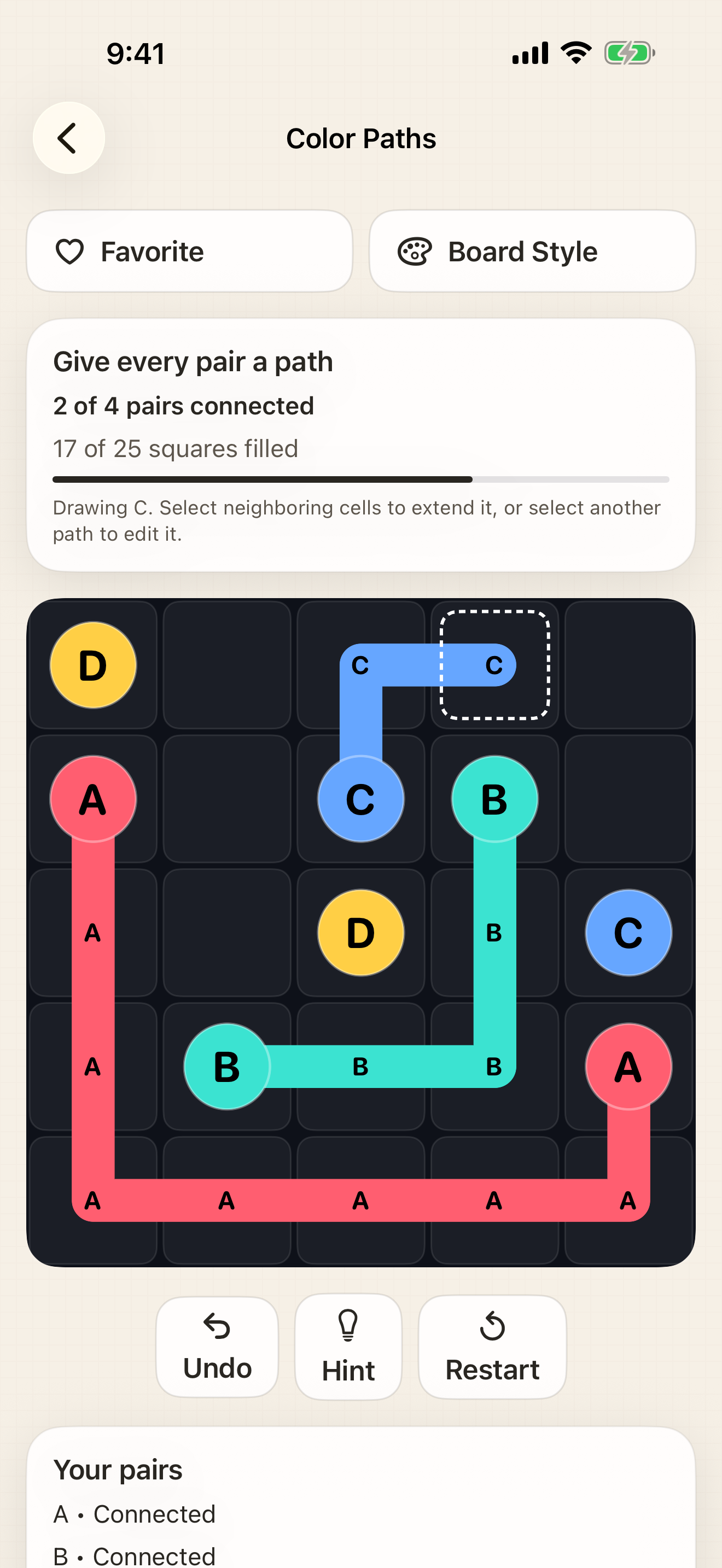 Color Paths gameplay with matching letters, connected routes, and a Neon board.