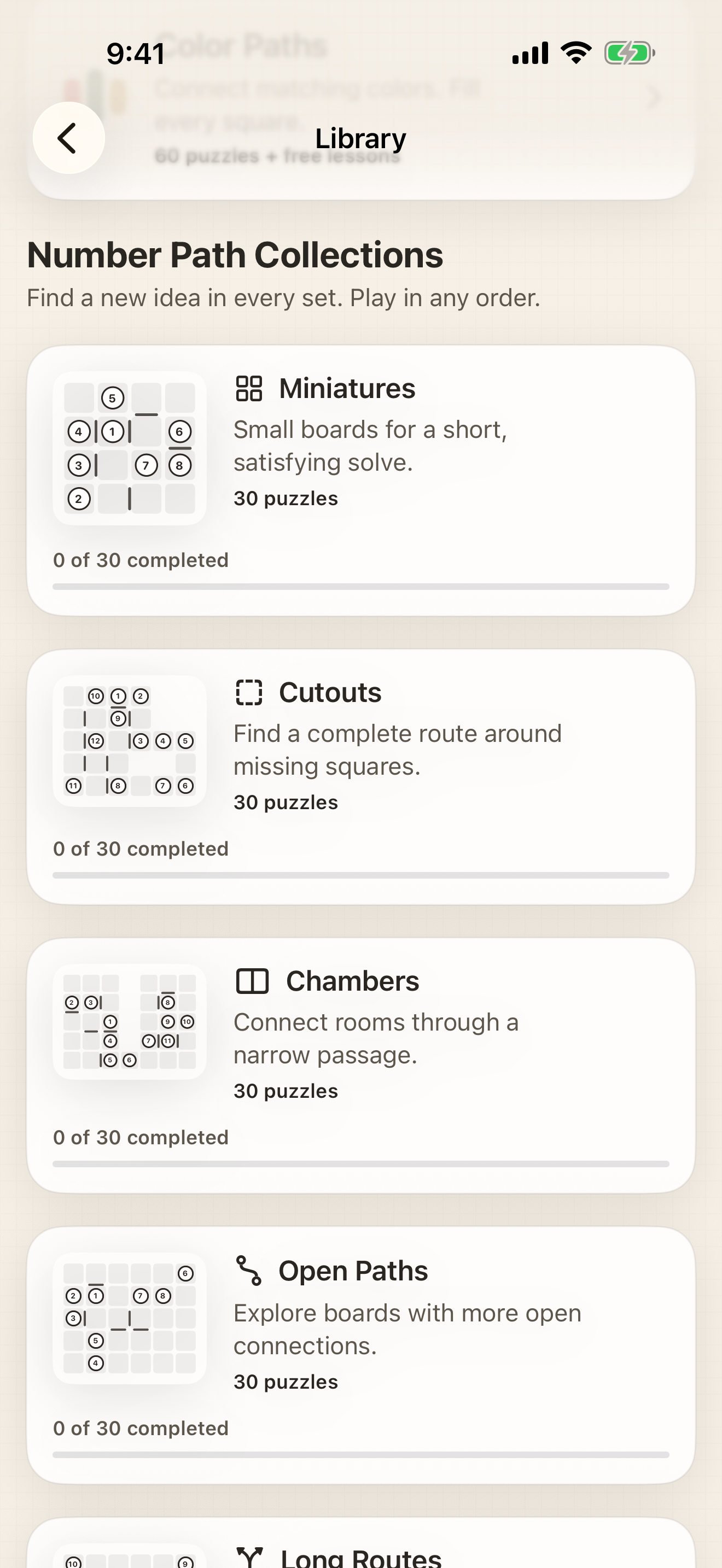 The Library showing real Number Paths collection cards and progress.
