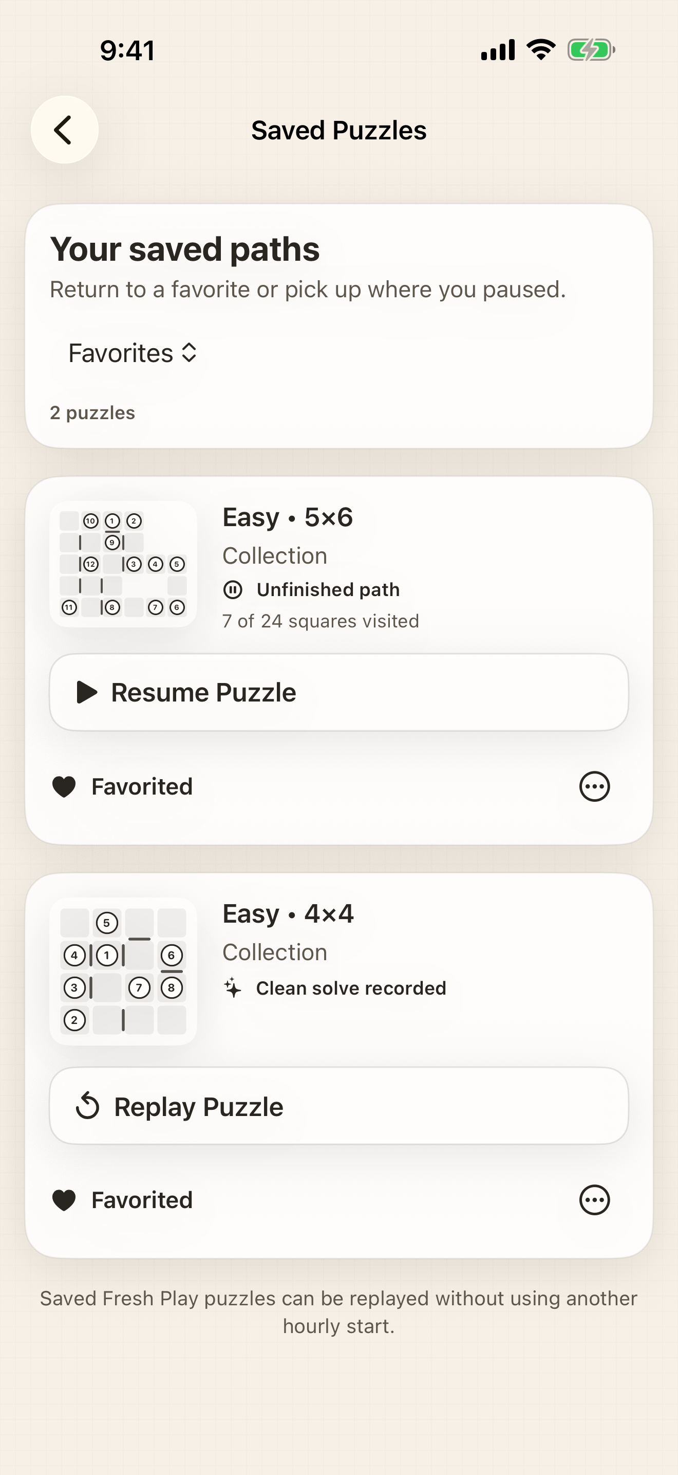 Saved Puzzles showing real favorite, unfinished, and completed Number Paths boards.