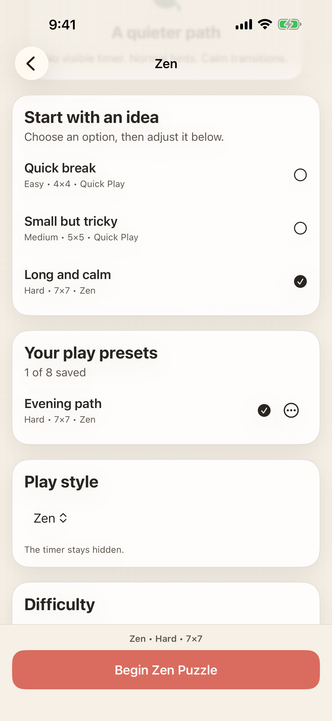 Unlimited Play options with a saved preset and selected puzzle settings.